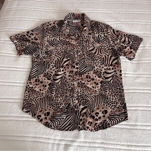 Vintage Leopard Print Blouse Top Sz L Brown Black Tan Short Sleeve​​​​​